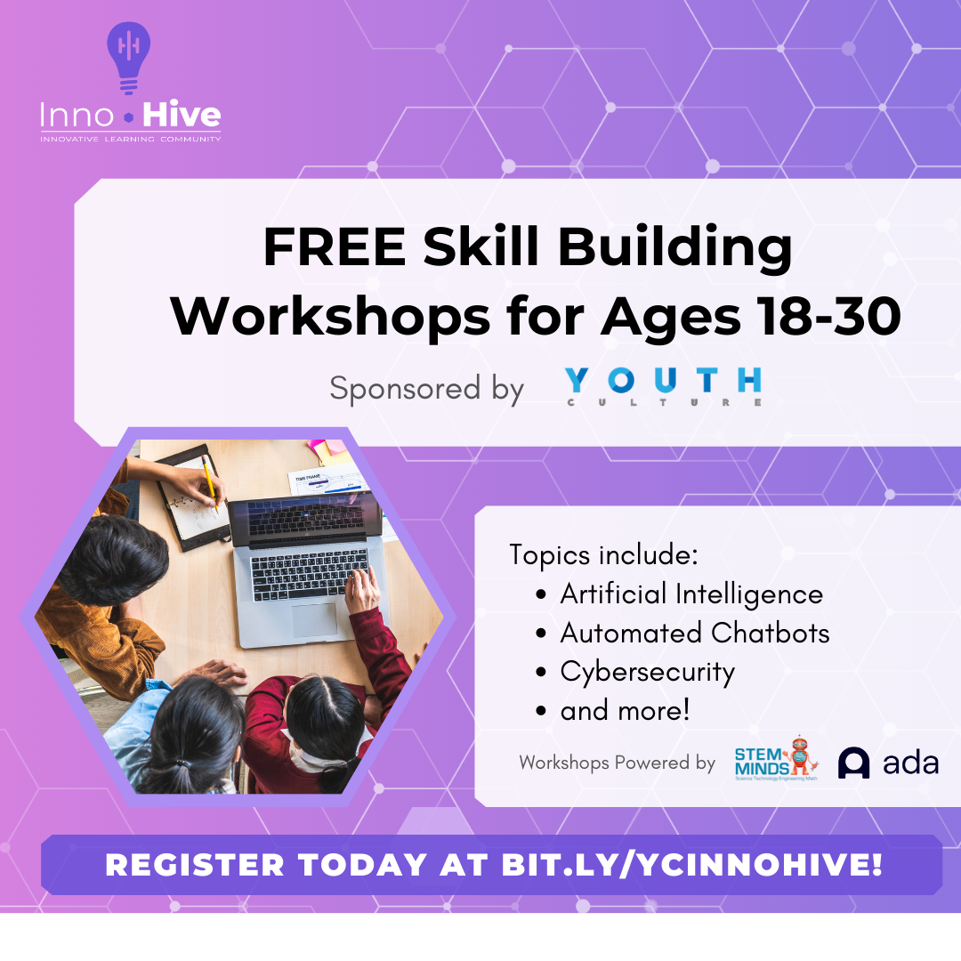 purple banner with FREE Skill Building Workshops AGes 18-30 with YC, ADA and STEM Minds logos