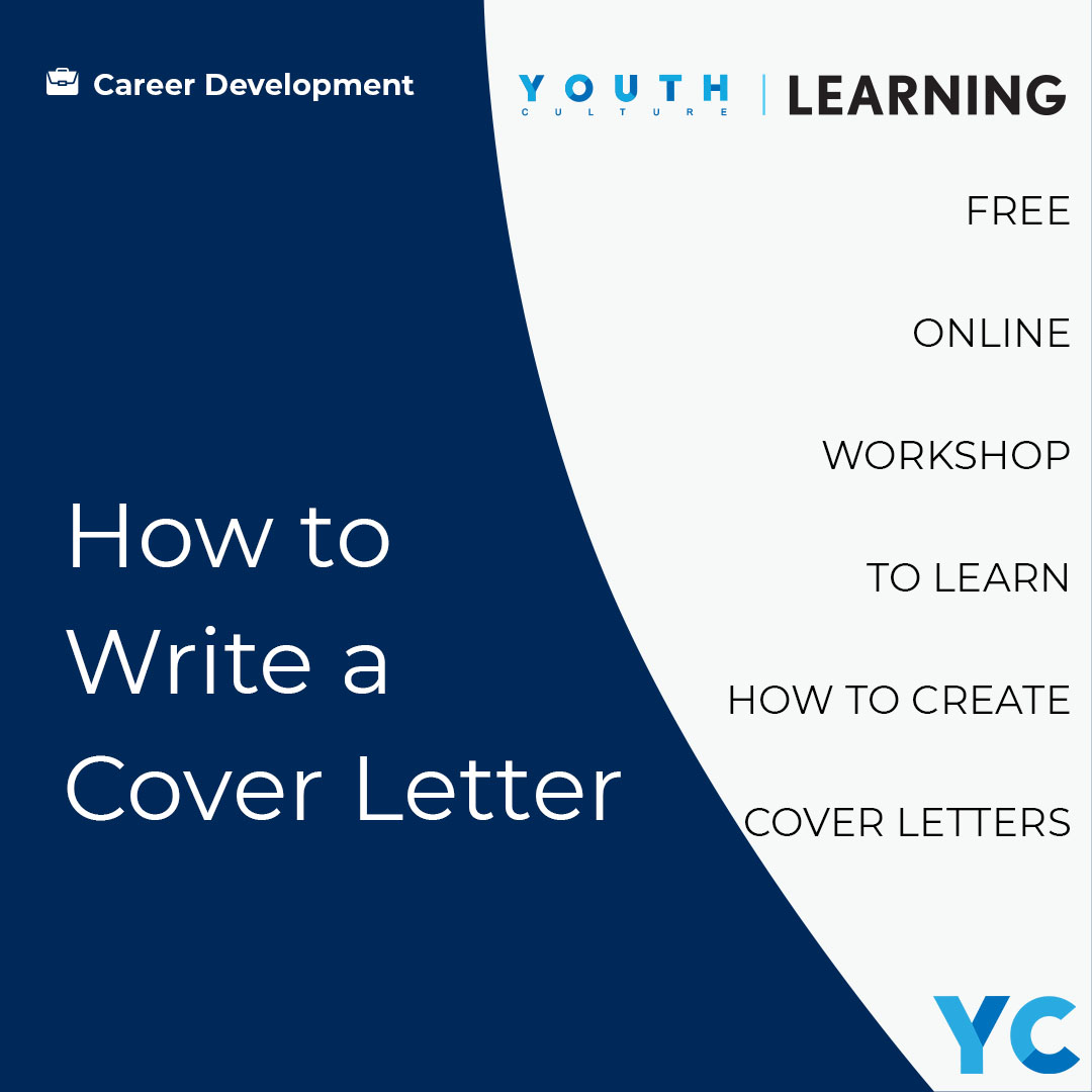 Navy and white banner for how to write a cover letter workshop with YC logo