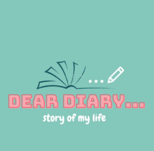 Logo with pages of a diary and the words Dear Diary: story of my life, on an aqua background