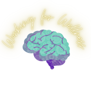 Image shows an icon of a brain in the centre with the words Working for Wellness curved above it