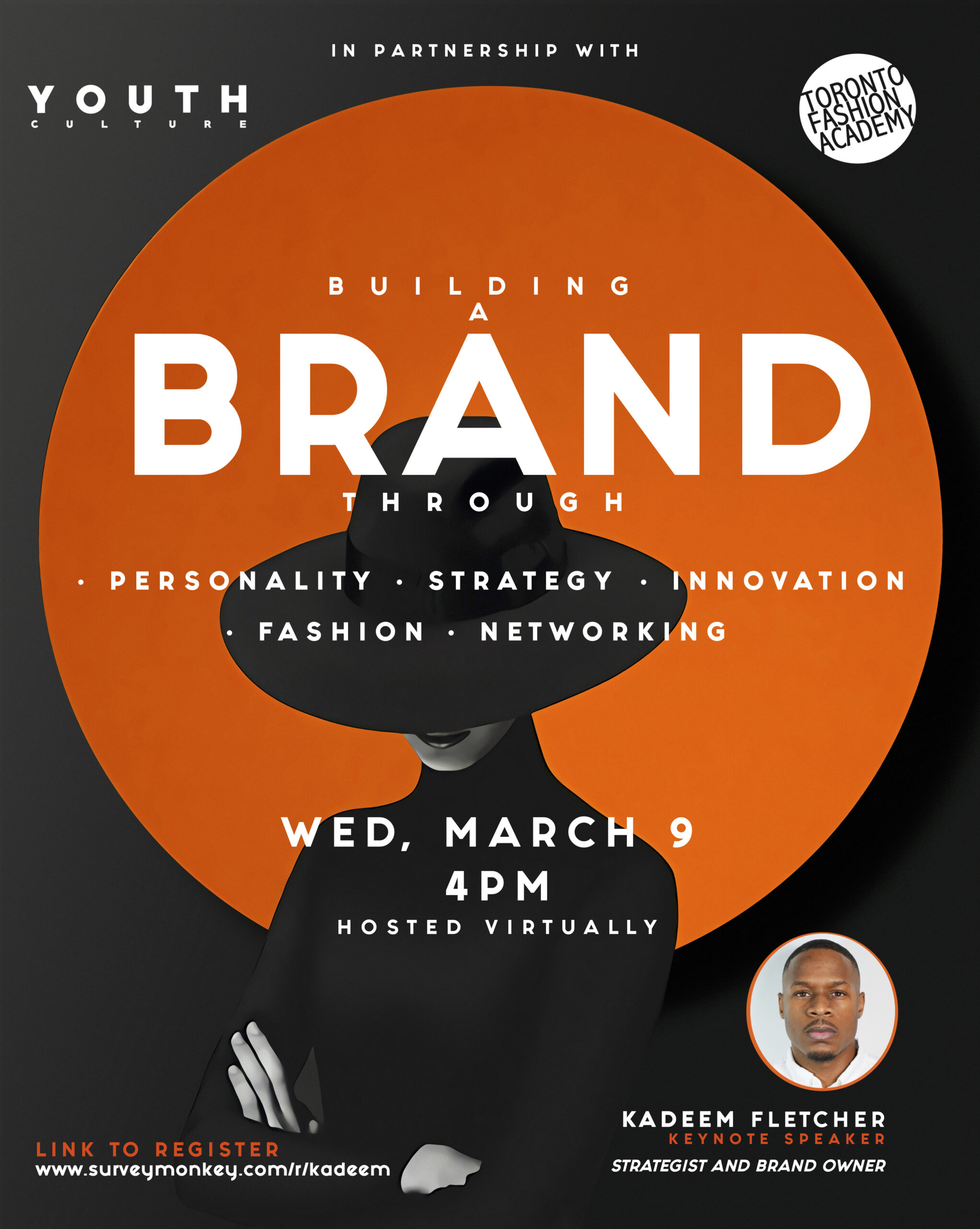 orange and black banner with a fashion image and Kadeem headshot for speaker series workshop on building a brand