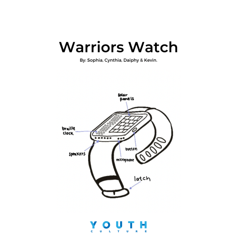 Hand drawing of a watch against a white background that says "Warriors Watch By: Sophia, Cynthia, Daiphy and Kevin". There are captions on the image pointing to different parts of the watch.
