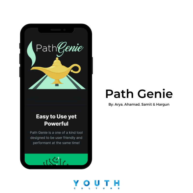 Image of a phone against a white background that says "Path Genie By: Arya, Ahamad, Samit, and Hargun". The image on the phone screen has text that says, "Path Genie is a one of a kind tool deisgned to be user friendly and performant at the same time!"