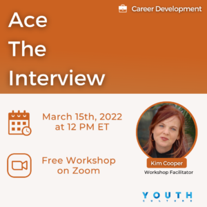 White and orange event banner that says, "Ace The Interview". An image of Kim Cooper is on the banner that says she is the workshop facilitator.