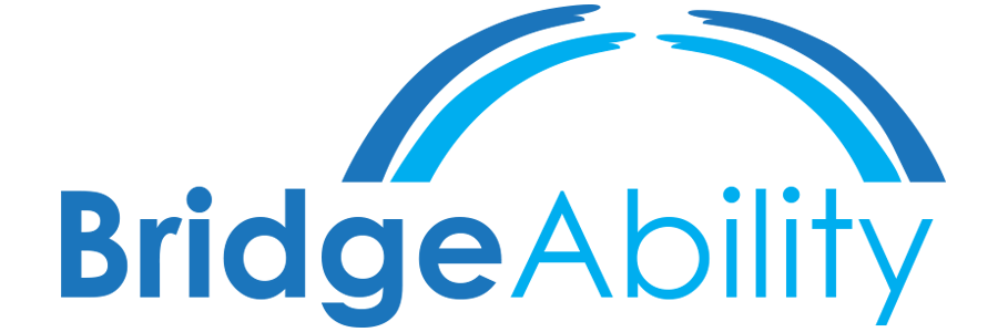 BridgeAbility Logo with the word "Bridge" in dark blue and the word "Ability" in light blue with a arch over the words