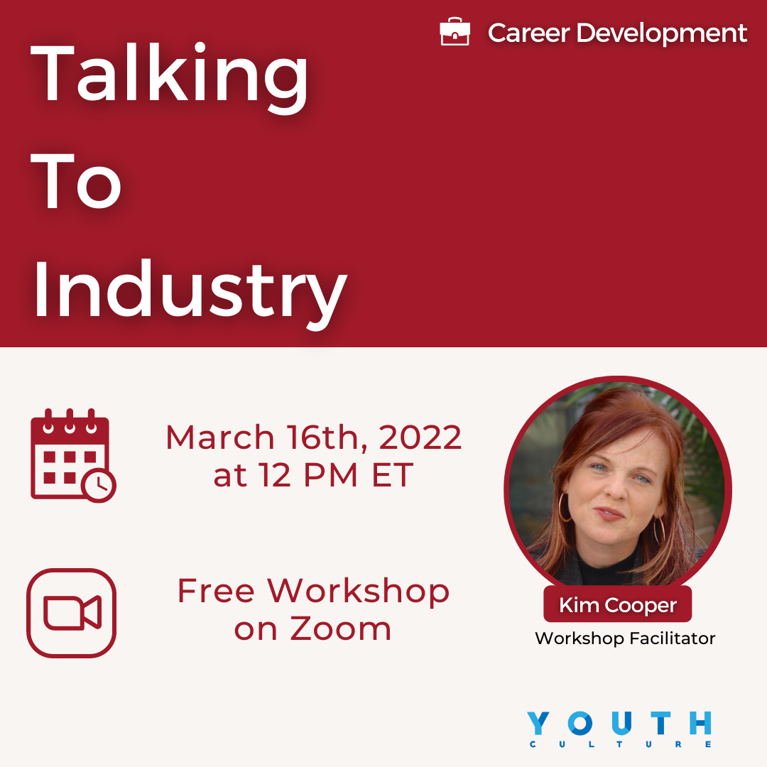 White and red event banner that says, "Talking To Industry". An image of Kim Cooper is on the banner that says she is the workshop facilitator.