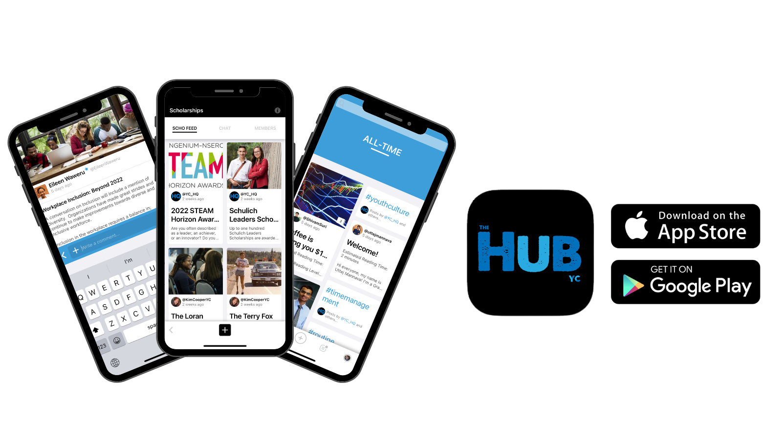 Three Phones showing different screens of The Hub by YC App with the app icon to the right with the Download on the App Store and Google Play Store buttons