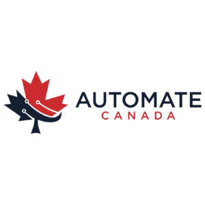 Automate Canada Logo that features a Maple Leaf in red and navy blue and text that says "Automate Canada"
