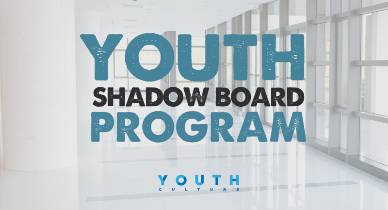 Image of a hallway with windows that have teal and black coloured text that says "Youth Shadow Board Program". At the bottom of the frame is the full blue Youth Culture logo. .