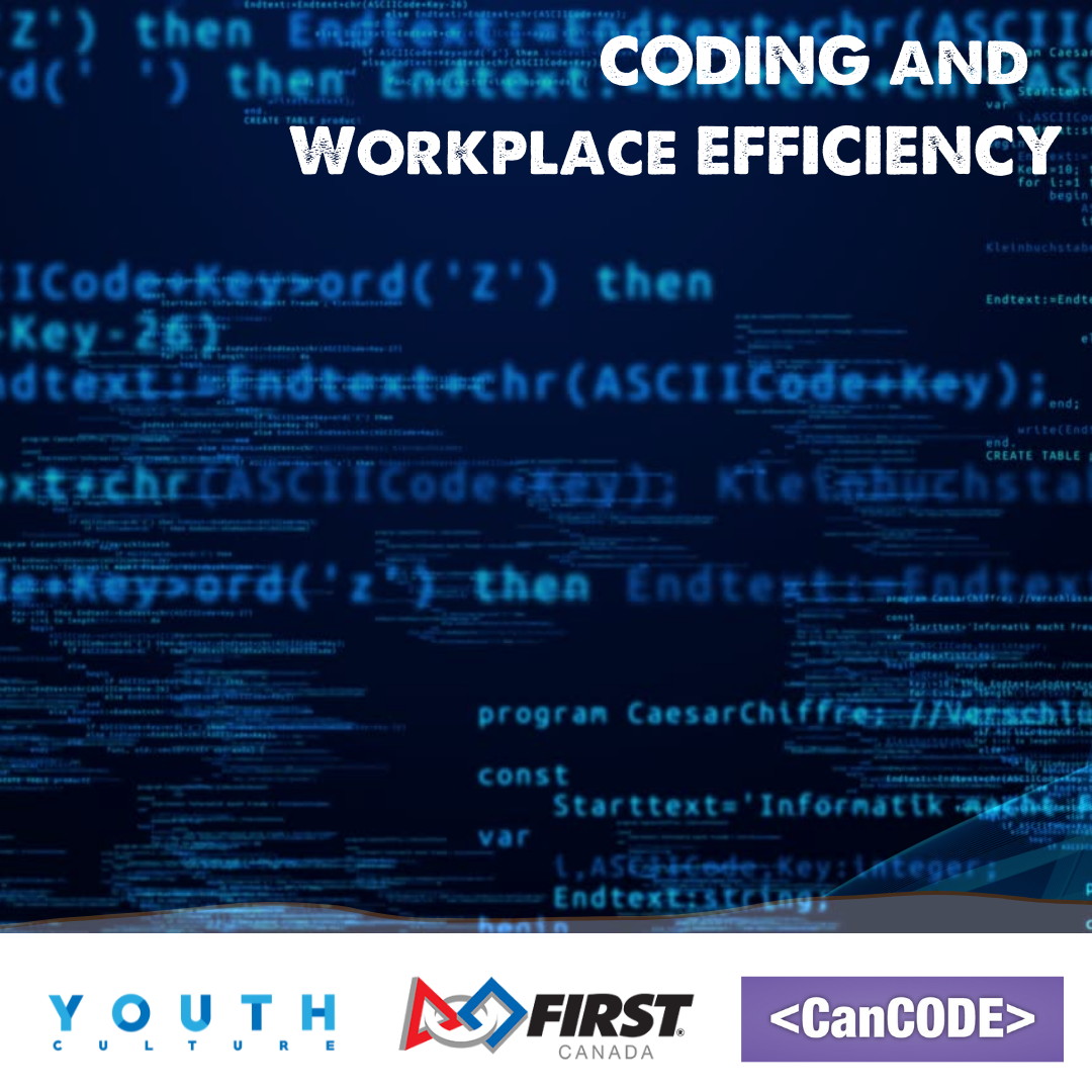 Coding and Workplace Efficiency workshop poster containing the title and logos at the bottom on a dark blue image with code in it.